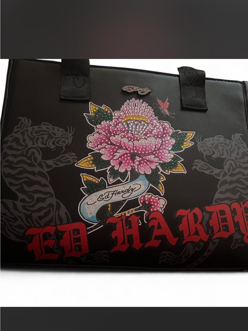 Ed Hardy Black Tote with Pink Floral Tattoo Motif